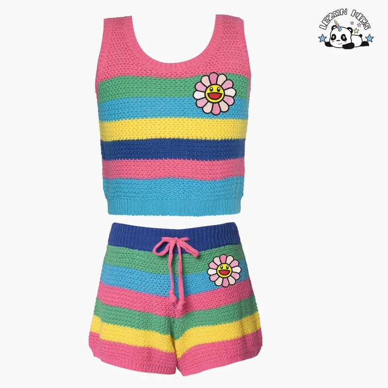 LEZONKIDS - New Product Explosion colorful tank top and shorts 2 pcs girl clothing set for summer